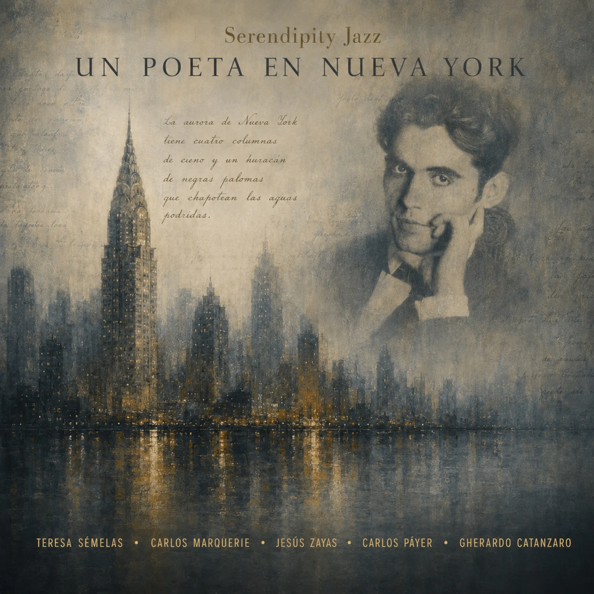Portada de Un poeta en Nueva York, con Federico García Lorca y el skyline de Nueva York